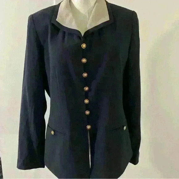 Women’s Vintage Atrium Navy Blazer Gold Buttoms Tan Collar Size 6 - Picture 1 of 9